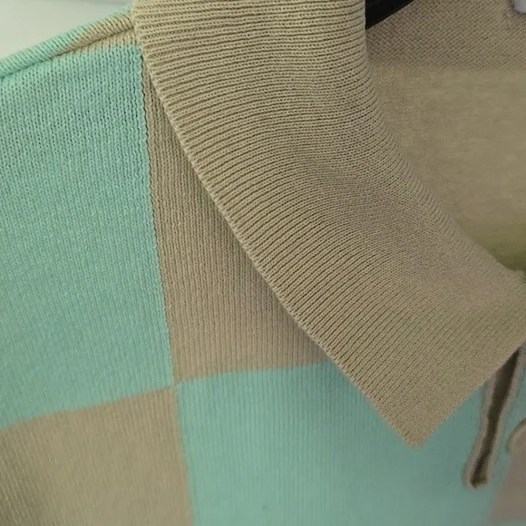 ZARA Aqua and Tan Checkered Polo Shirt - Picture 3 of 9